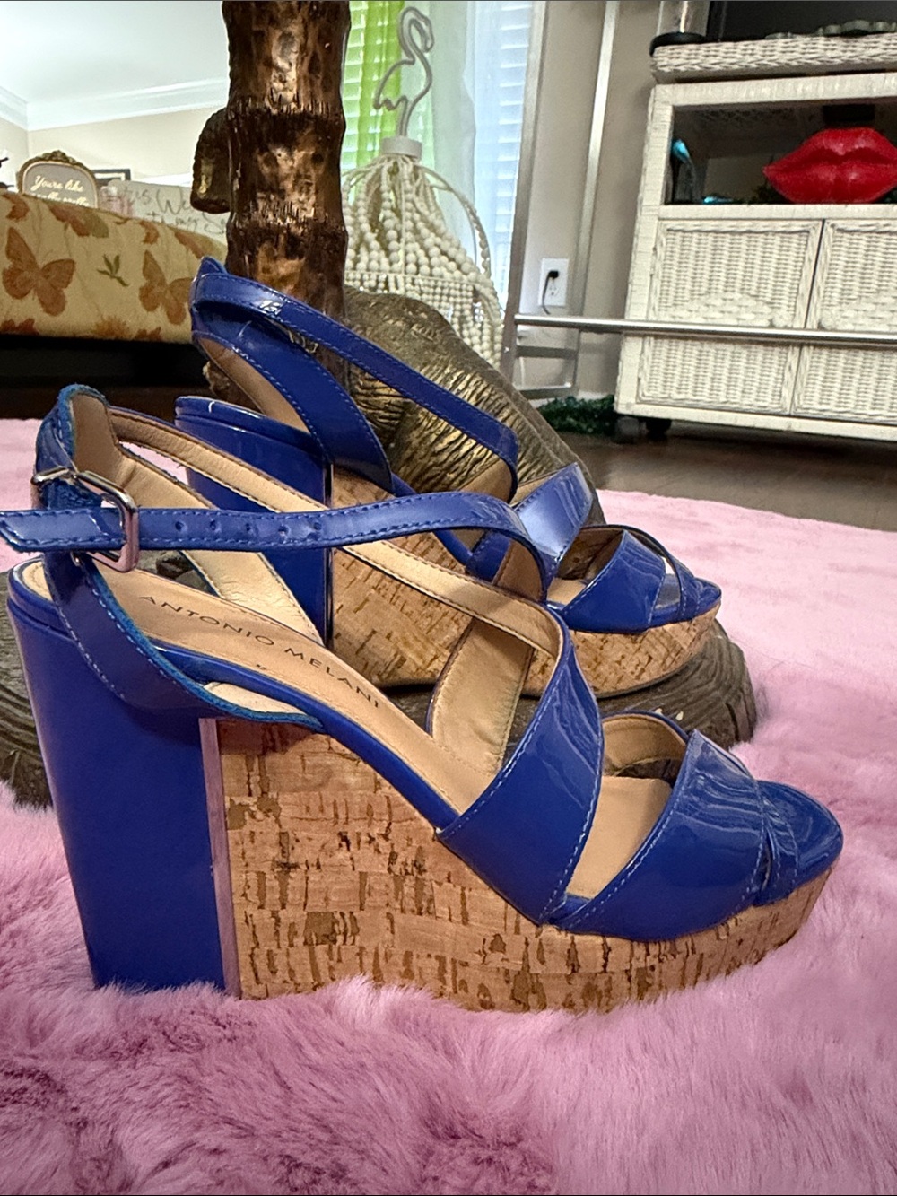 ANTONIO MELANI Royal Blue Patent Cork Wedge Sandals